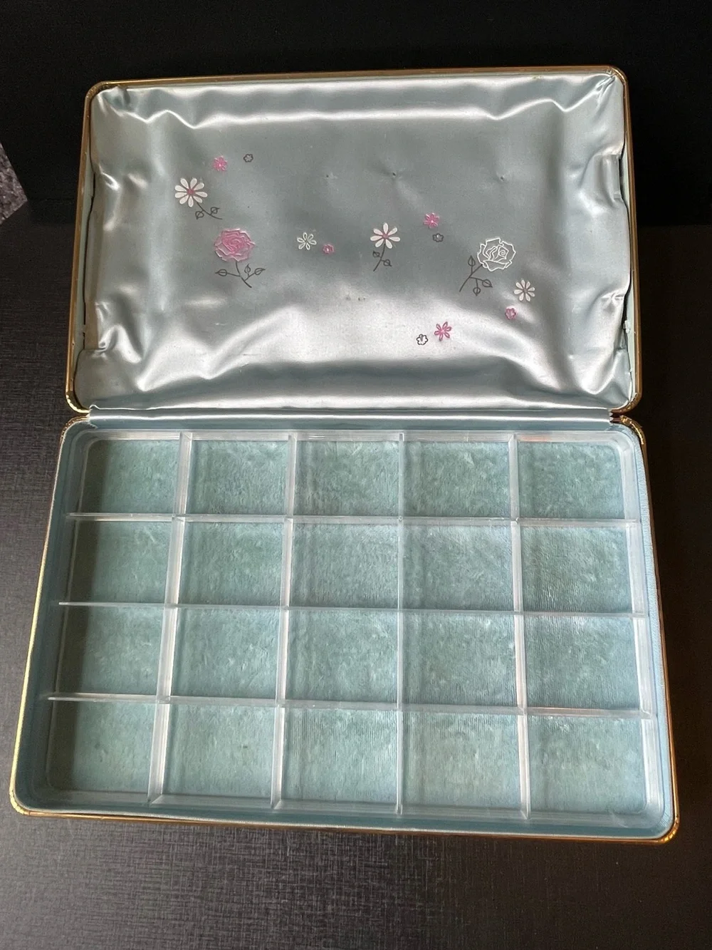 Vintage Farrington Jewelry Box Floral Made in USA 1950s Texol Hard Case Lt. Blue